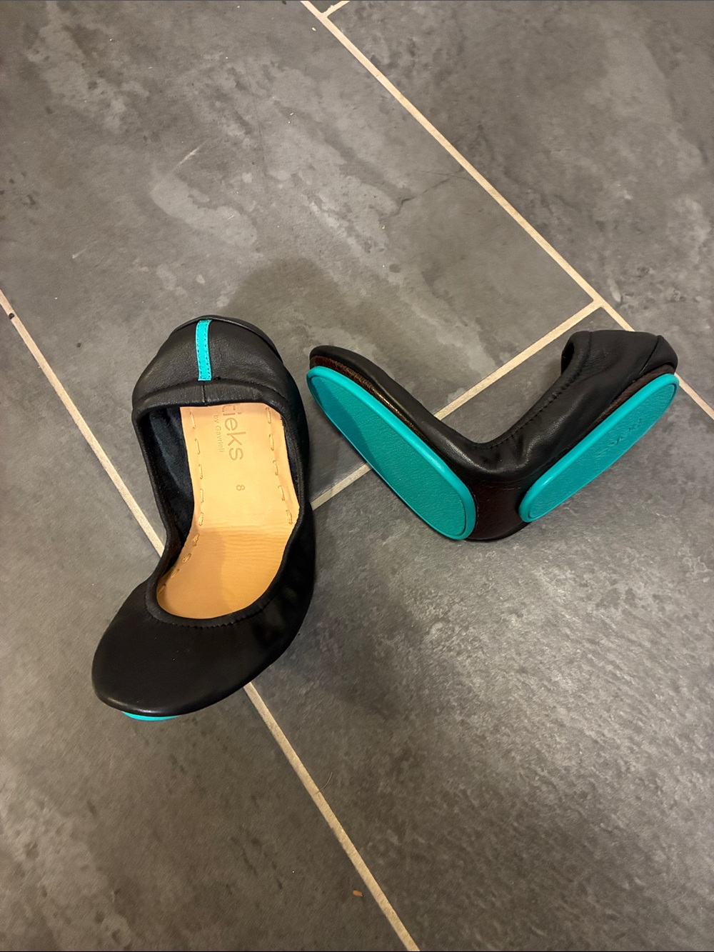 Tieks Black Leather Ballet Flats with Teal Accents NWOT